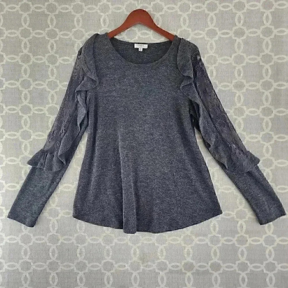 Umgee Sweaters - Umgee Scoop neck Dark Gray Lace Ruffle Long Sleeve Sweater Women's S